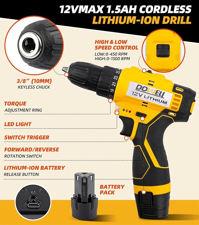 Kit de Herramientas DOWELL 147 Piezas con Taladro Inalámbrico 12V miniatura 4