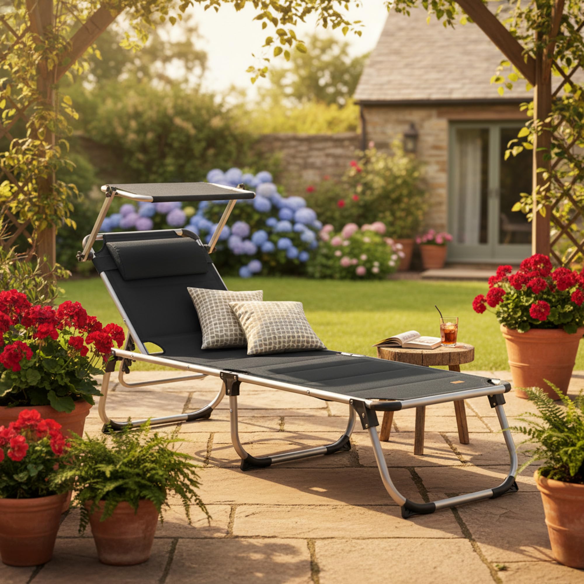 CampFeuer Sonnenliege mit Dach | Anthrazit | Alu Campingliege, Liegestuhl, Relaxliege | Gartenliege mit Sonnendach, Angelliege, Strandliege verstellbar | Klappliege, Terassenliege, Outdoorliege