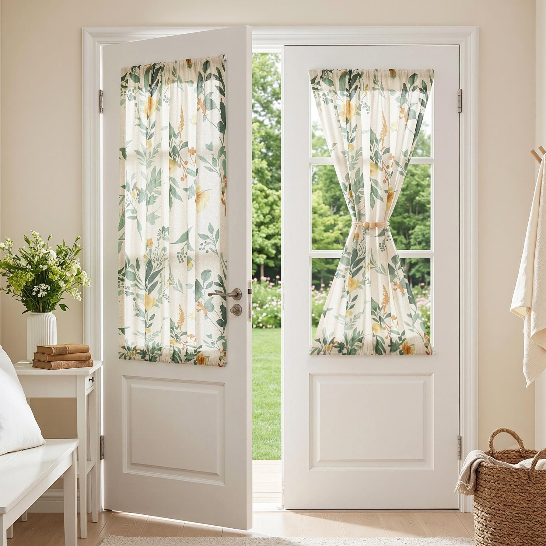 MYSKY HOME Floral Linen Door Curtains Green Farmhouse 2 Panels Semi Sheer