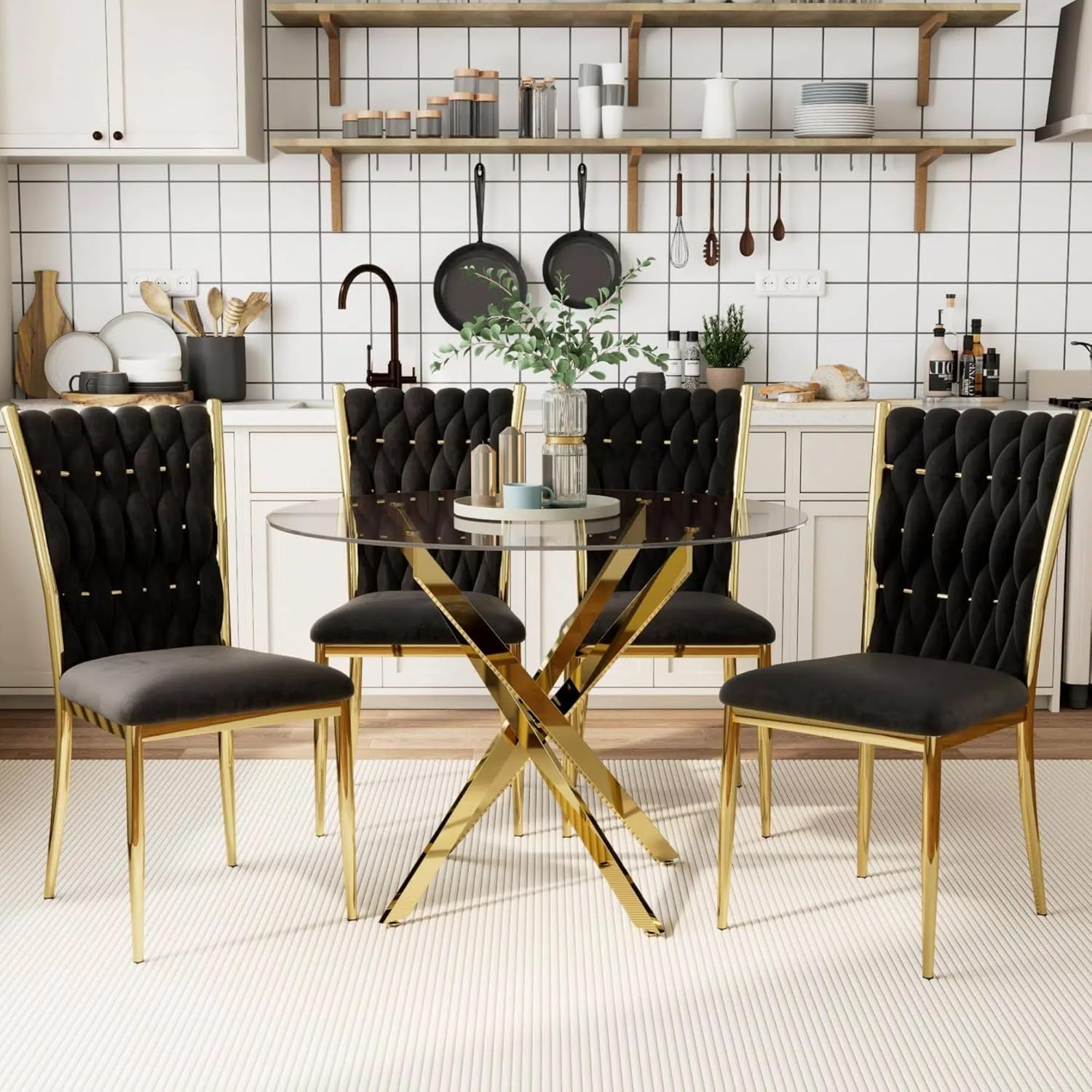 35.43" Round Glass Dining Table Set for 4, 5-Piece Round Golden Kitchen Table with 4 Velvet Upholstered Chairs, Tempered Glass Dining Room Set for Small Living Room, Apartment - Black