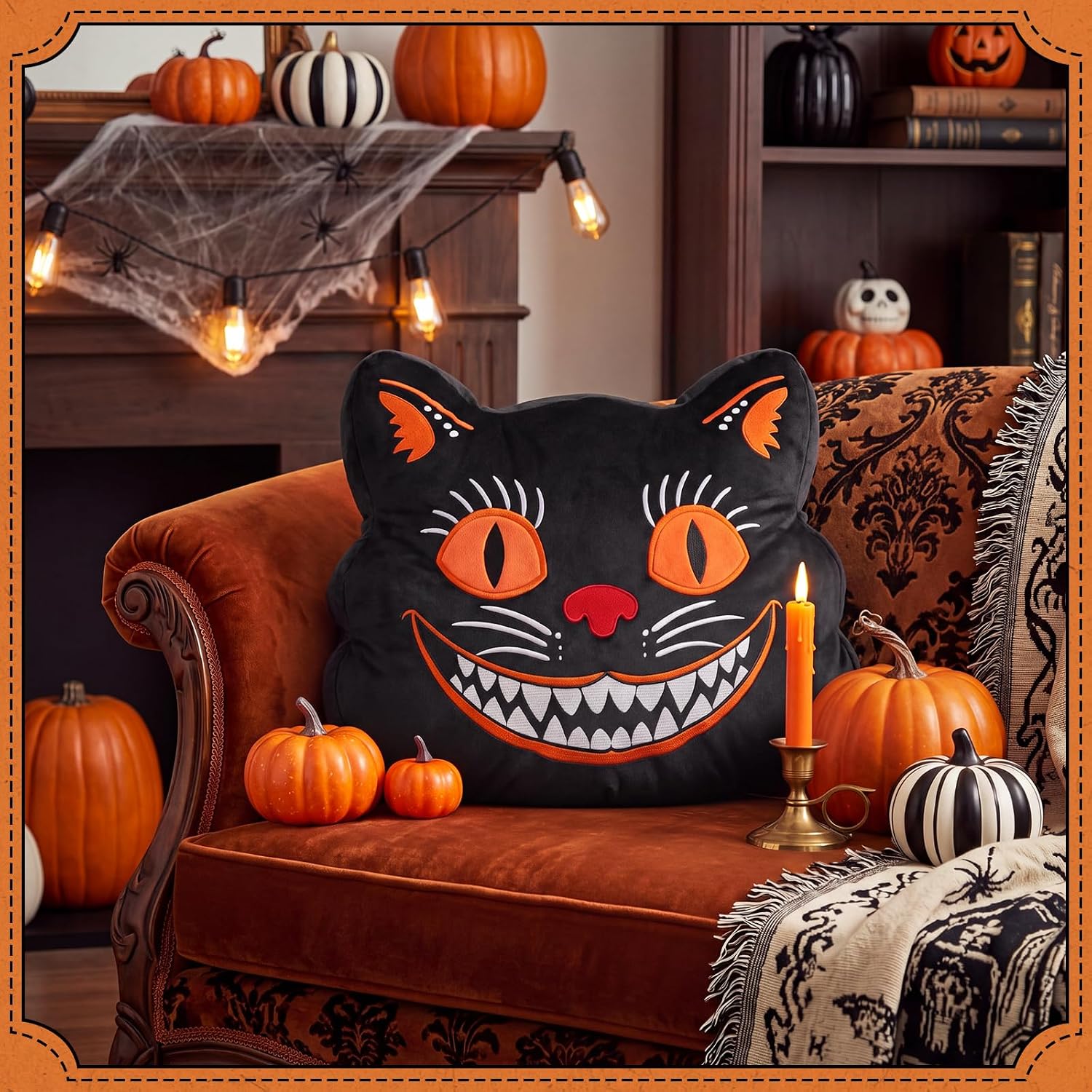 RattanView Vintage Halloween Black Cat Throw Pillow Embroidery Decorative