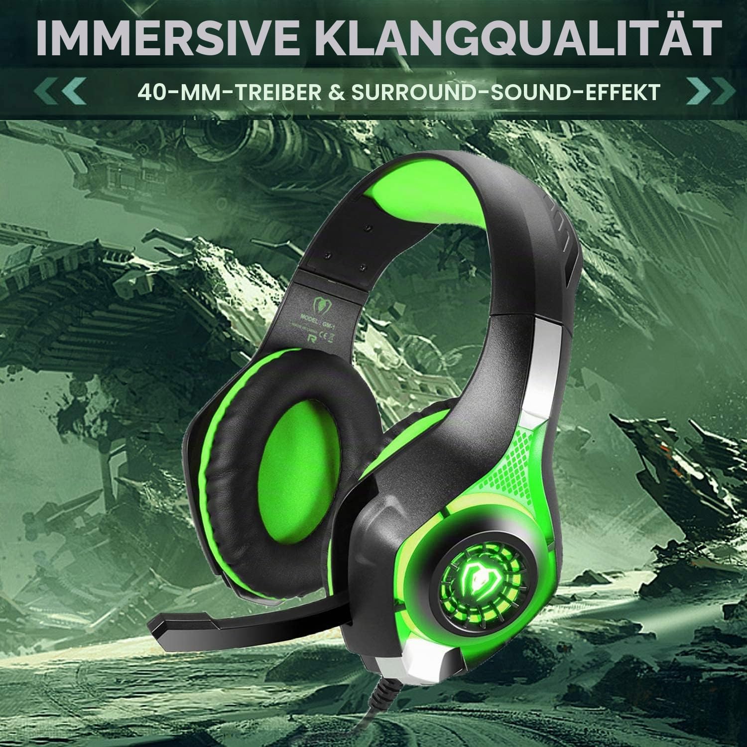 BlueFire Gaming Headset für PS4, Gaming Kopfhörer mit 3,5 mm Klinkenstecker LED und Mikrofon, Bass Stereo Audio Surround Gaming Headset für Xbox One/Xbox One S/PC/Laptop (Grün)
