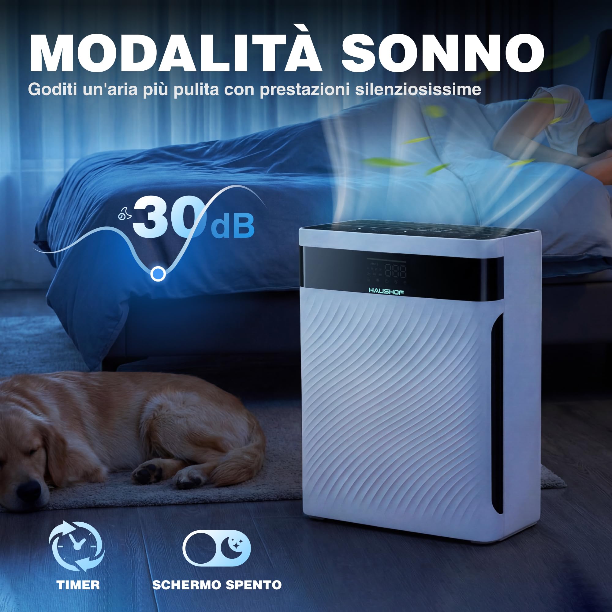 HAUSHOF Purificatore d'Aria con Filtro HEPA, Rimuove 99,97% di Polvere | Polline e Peli, CADR 250 m³/h, Display PM2.5, 30 dB, Aromaterapia, per Uffici e Casa.
