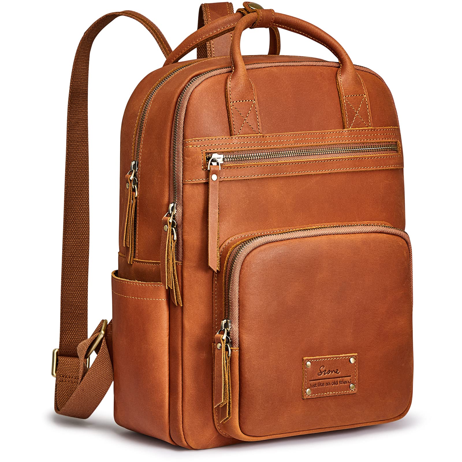 S-ZONE Vintage Genuine Leather Backpack Purse for Women Men Rucksack Travel Daypack with Luggage Sleeve