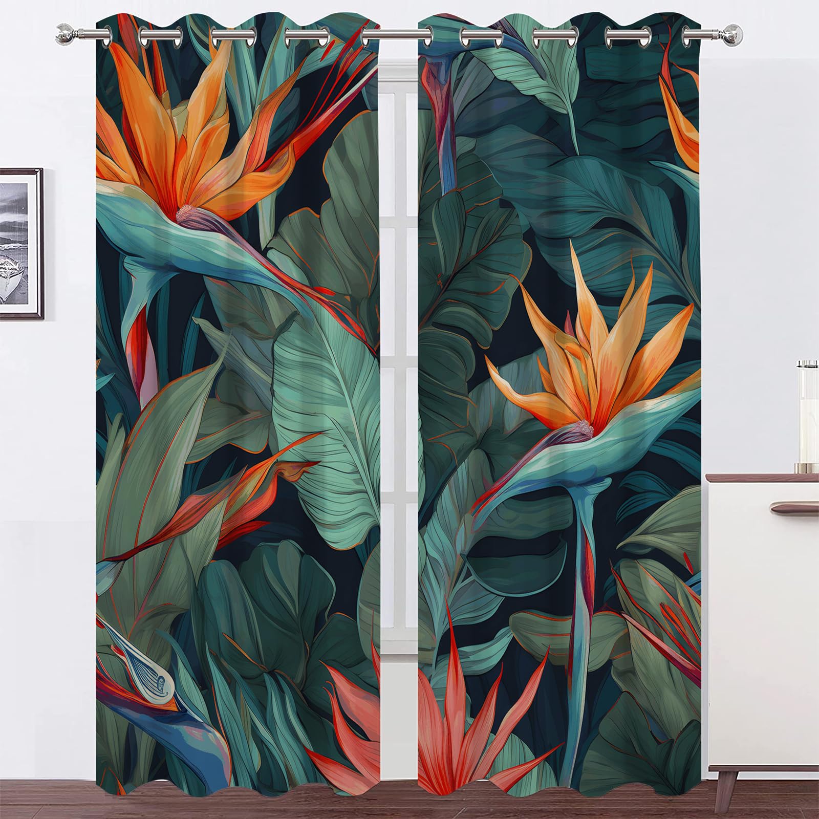 MAQUE Cortinas Salon Dormitorio Ave del ParaíSo Hoja Verde 3D Cortinas Salon Opacas Estampadas Cortina Opaca Termica Aislante con Ojales 2 Piezas 110x215 Cm