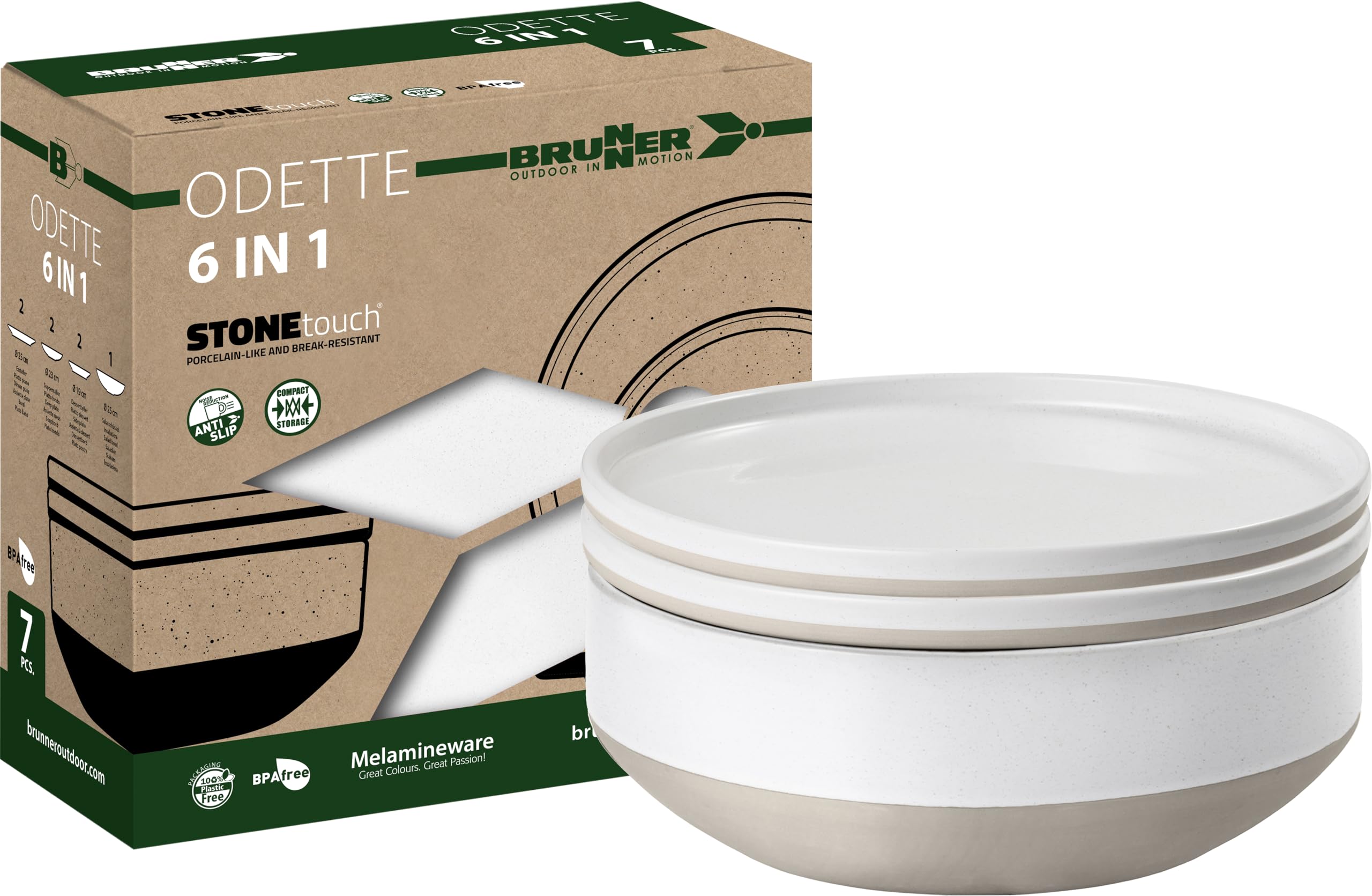 Brunner Odette Stonetouch Melamine Caravan Dinner Set, Anti Slip Outdoor Tableware Set, Lightweight Break Resistant Plates Bowls & Mugs - Motorhome, Campervan (Odette White, 6 in 1 Set)