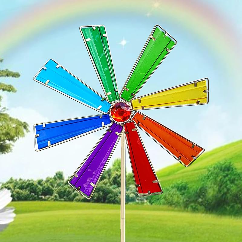 COOZZYHOUR 42 Inch Glass Rainbow Wind Spinners,Outdoor Yard Metal and Glass Windmill Garden Stake, Wind Sculptures for Yard and Garden Lawn Patio Decoration-Rainbow