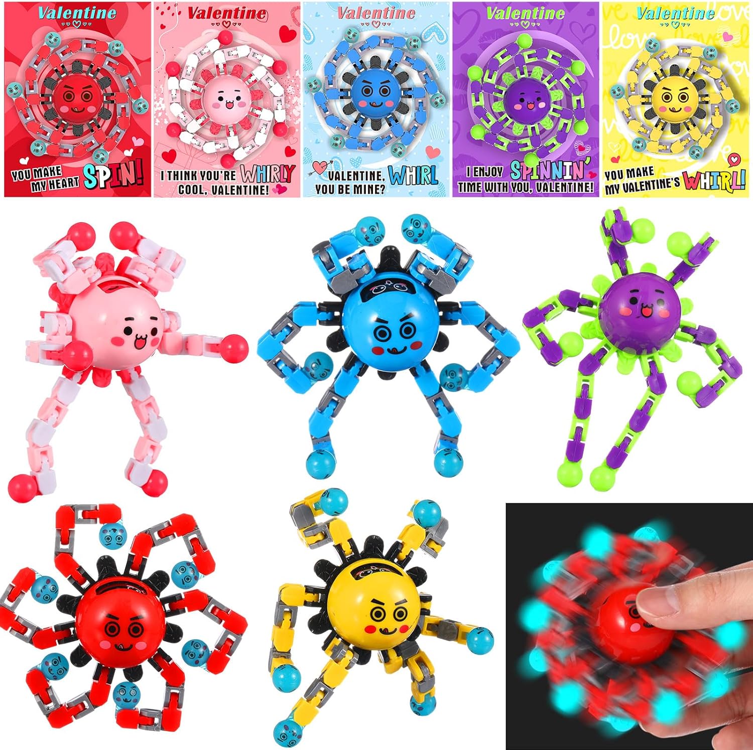 ShinyRelief 25 Pcs Valentine's Day Gifts for Kids Valentine Cards with Finger Fidget Toy Glow in The Dark DIY Stress Relief Hand Fingertip Toy for Boys Girls School Game Prizes Exchange Party Favor