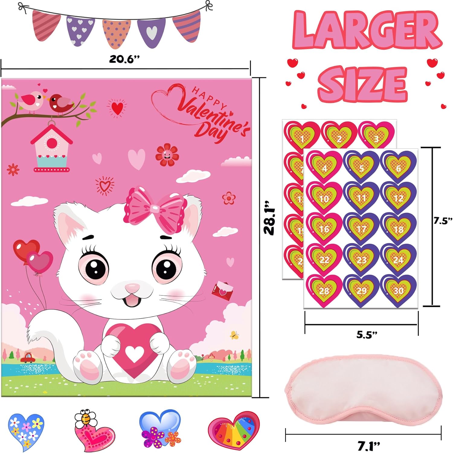 Valentines Games for Kids-Pin The Heart On The Cat-with 30PCS Stickers Valentine Party Activities for Kindergarten Toddler Preschool School Classroom,Holiday Party Favors