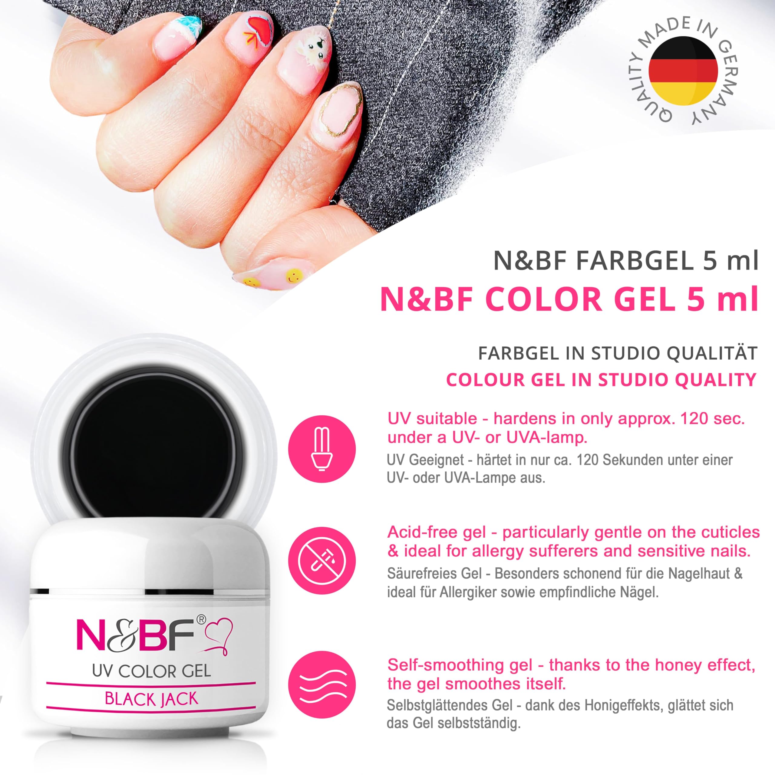 NAILS FACTORY UV Farbgel 5 ml | Black Jack (Schwarz) | Colourgel deckend mittelviskos | Color Gel für Gelnägel | Made in Germany | Nageldesign Farbgele | selbstglättend ohne Säure - 3