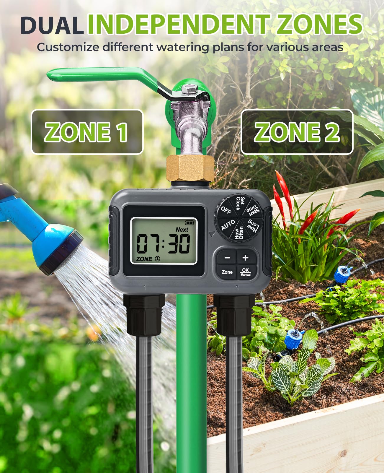 HIRALIY Timer per irrigazione, timer per tubo da giardino, 2 zone, programmabile per irrigazione, sistema di irrigazione automatico per prato da cortile, girevole in ottone, impermeabile IP5