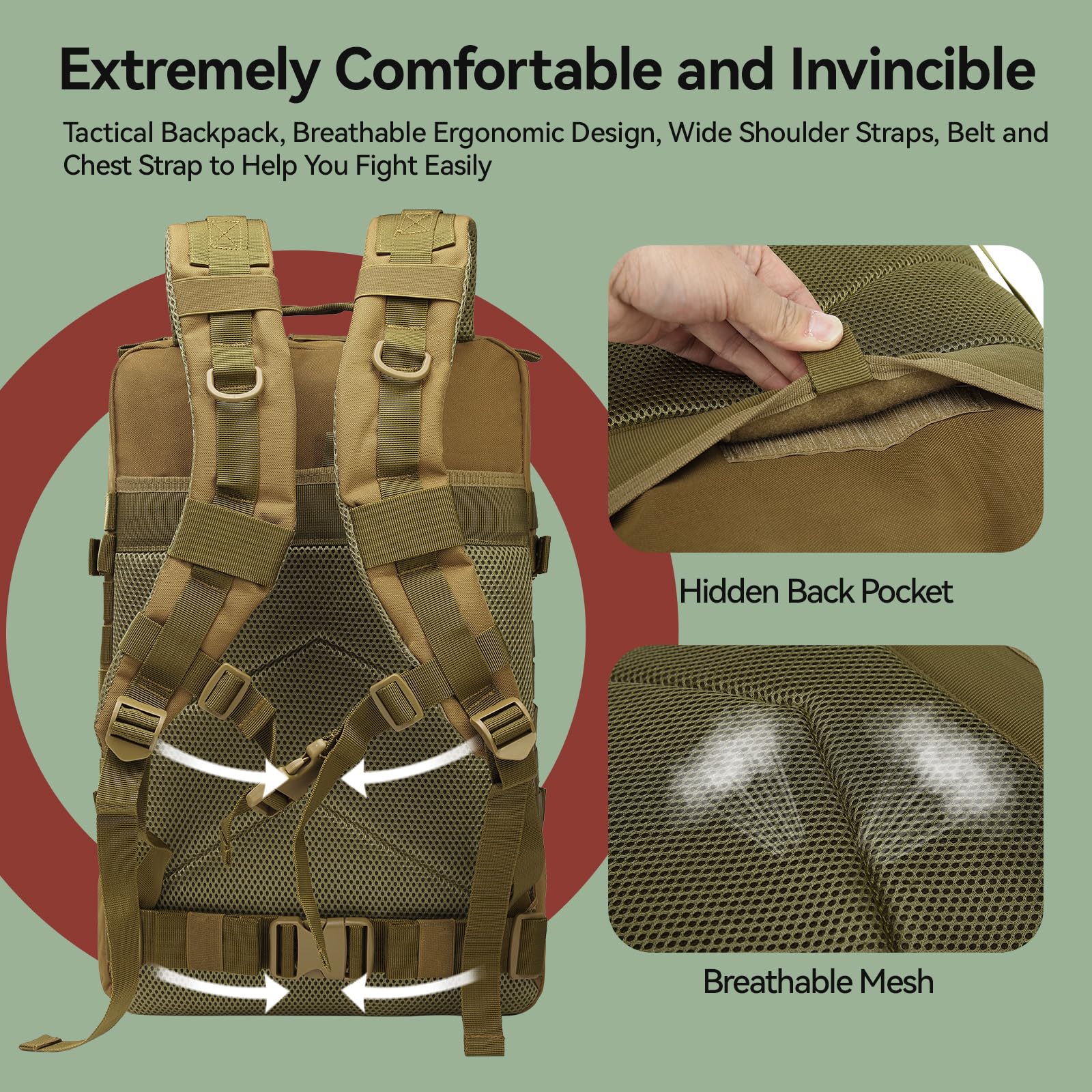 Delgeo Mochila Tactica 45L Militar, Gran Capacidad 45 * 30 * 20cm Mochila Crossfit, Plegable Impermeable Mochila Para Montañismo,Senderismo,Camping y Viajes (Caqui) ASIN