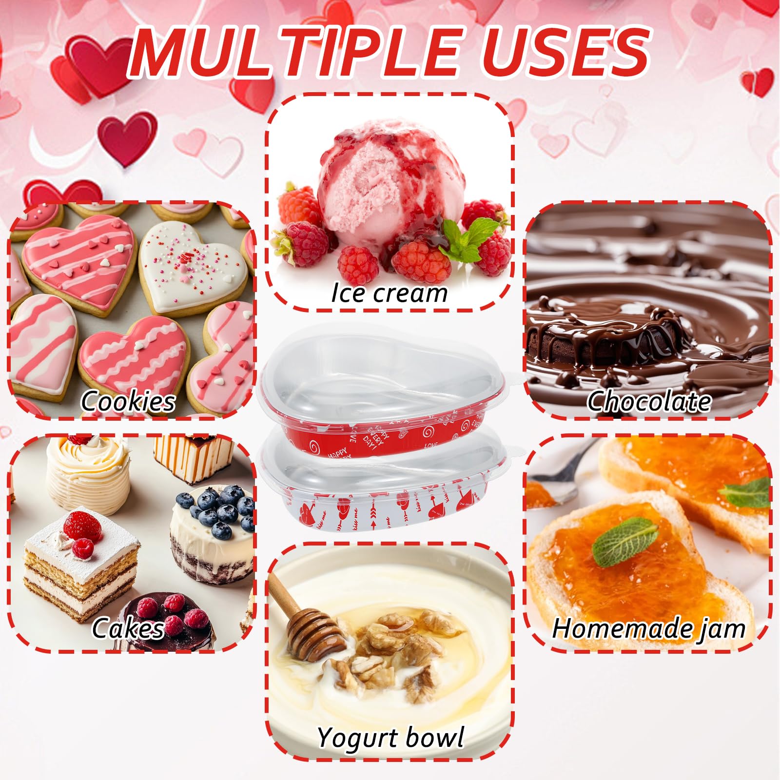 Lot de 24 moules à gâteau en forme de cœur de 623,7 g avec couvercles et fourchette rose - Passe au four - Pour Saint-Valentin, fête de mariage