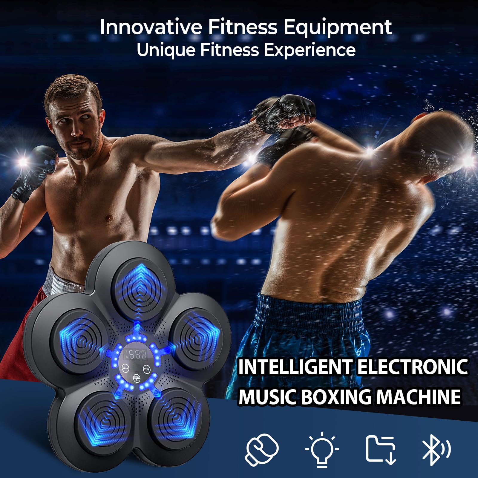 Machine de Boxe Musicale, Appareil électronique Portable Mural à Domicile, Smart Bluetooth Music Boxeur, Cadeau (Noir+Lumière Bleue+Gants Adultes)