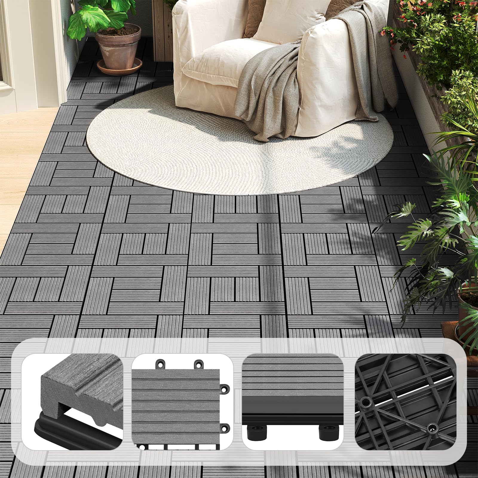 WOLTU Pavimenti da Esterno Balcone/Giardino/Terrazza Piastrelle ad Incastro in WPC, Legno Composito Grigio Chiaro 11 Pannelli / 1 ㎡