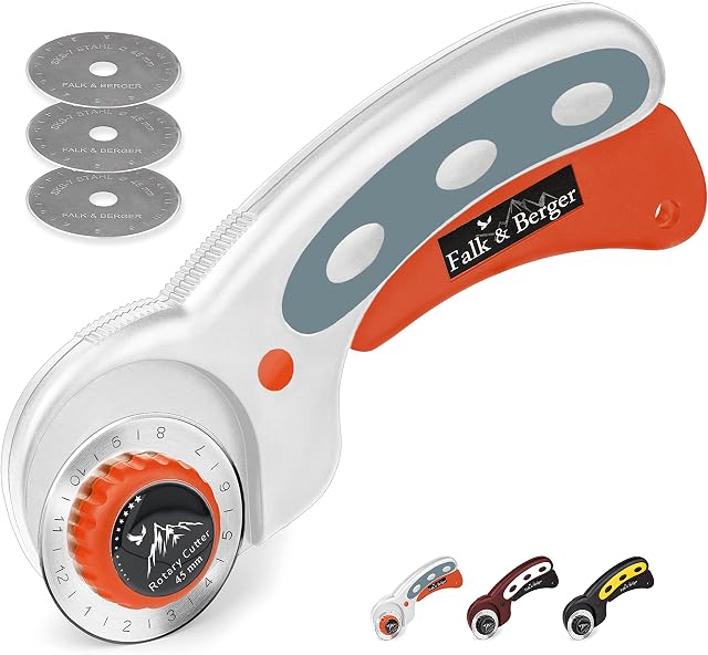 Falk & Berger® Nóż krążkowy z 3 zapasowymi ostrzami SKS-7, bardzo ostry i trwały z najlepszej japońskiej stali ostrzy (hartowany stop). Ergonomiczny uchwyt, dokładnie tnie tkaninę i wiele innych