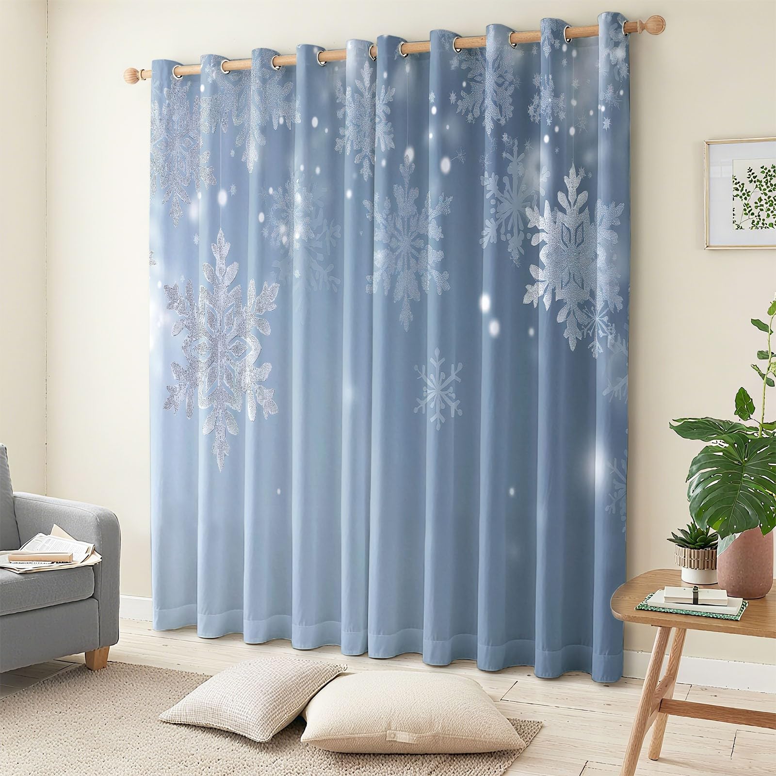 XCQHZYQ Blackout Curtains 63 Inches Long 2 Panels for Bedroom Living Room - Christmas Snowflakes Patterned Room Darkening Thermal Grommet Window Treatments Drapes for Bedroom, 52 x 63 Inch