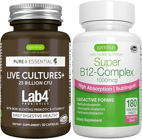 Live Cultures+ Probióticos Lab4 + Complejo Super B12, paquete vegano, 25 mil millones de UFC Lactobacillus Acidophilus y Bifidobacterium + B12