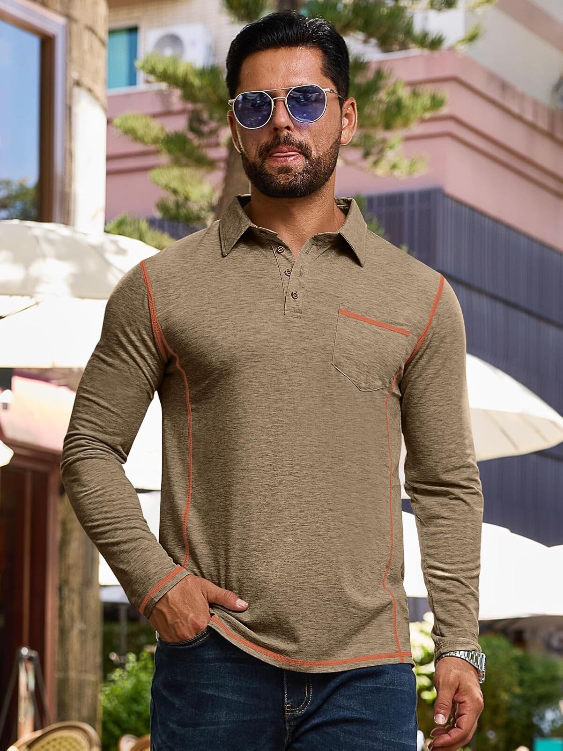 Mens Fashion Polo Shirts Classic Long Sleeve Basic Button Tees Stylish Tops Golf Shirts with Pocket - Image 2