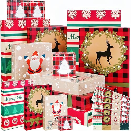 Zhanmai 20 cajas de regalo de Navidad con tapas, cajas de regalo de Navidad y 20 calcomanías de etiquetas de regalo, 4 patrones de 4 tamaños, cajas