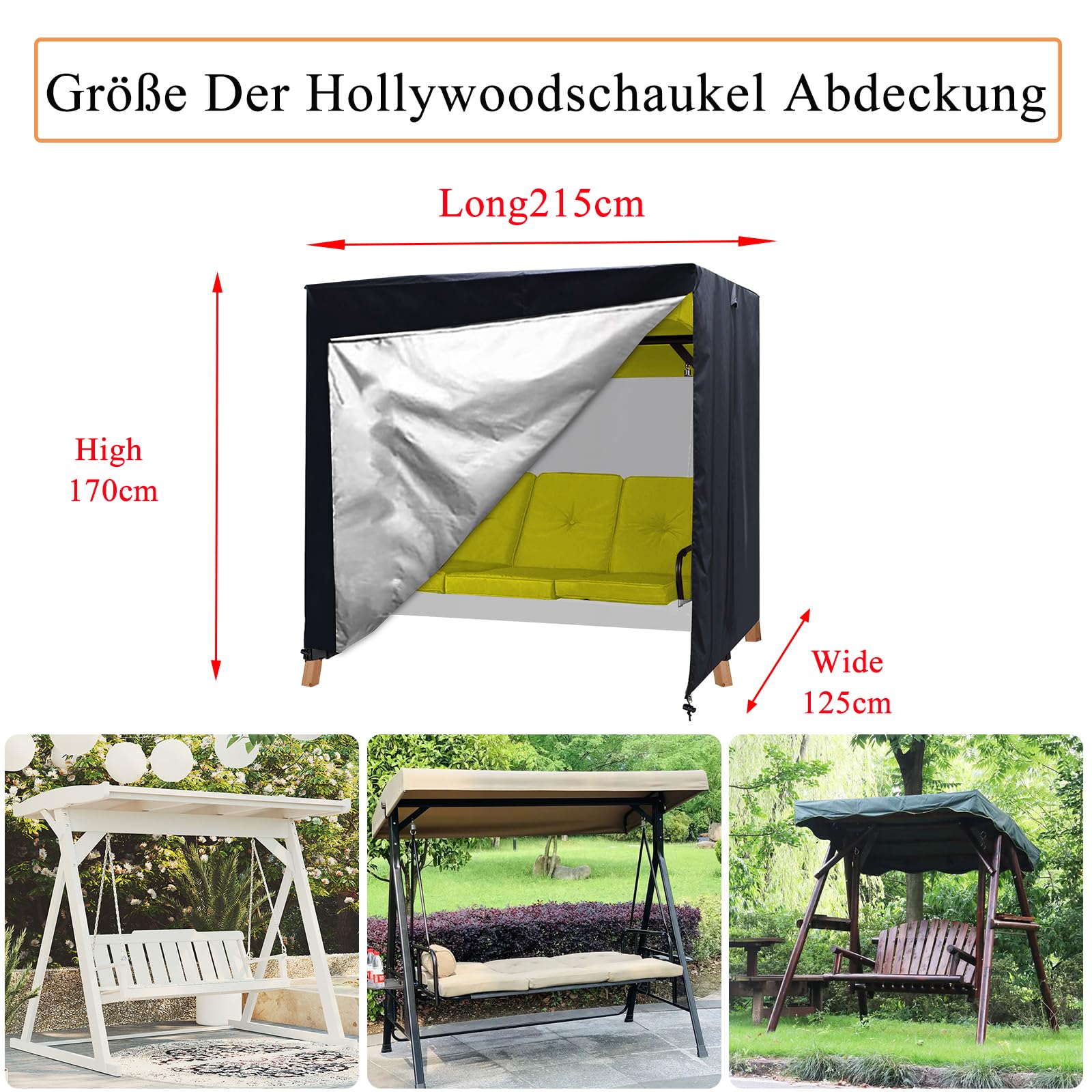 BUJUYUXU Hammock Swing Cover, Waterproof, Protective Cover with Double Zip, 420D Oxford Fabric Tarpaulin - Black (215 x 125 x 170 cm) - Image 2