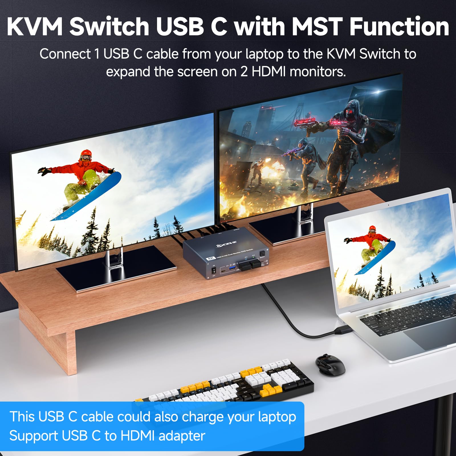 Switch KVM 2 Monitor per 1 Laptop 1 Desktop PC, USB 3.0 KVM Switch 2 PC 2 Monitor USB-C, 4K @ 60 Hz, MST, PD 100 W, Aluminium, Wired Remote(4K USBC HD 2 in 2 out)