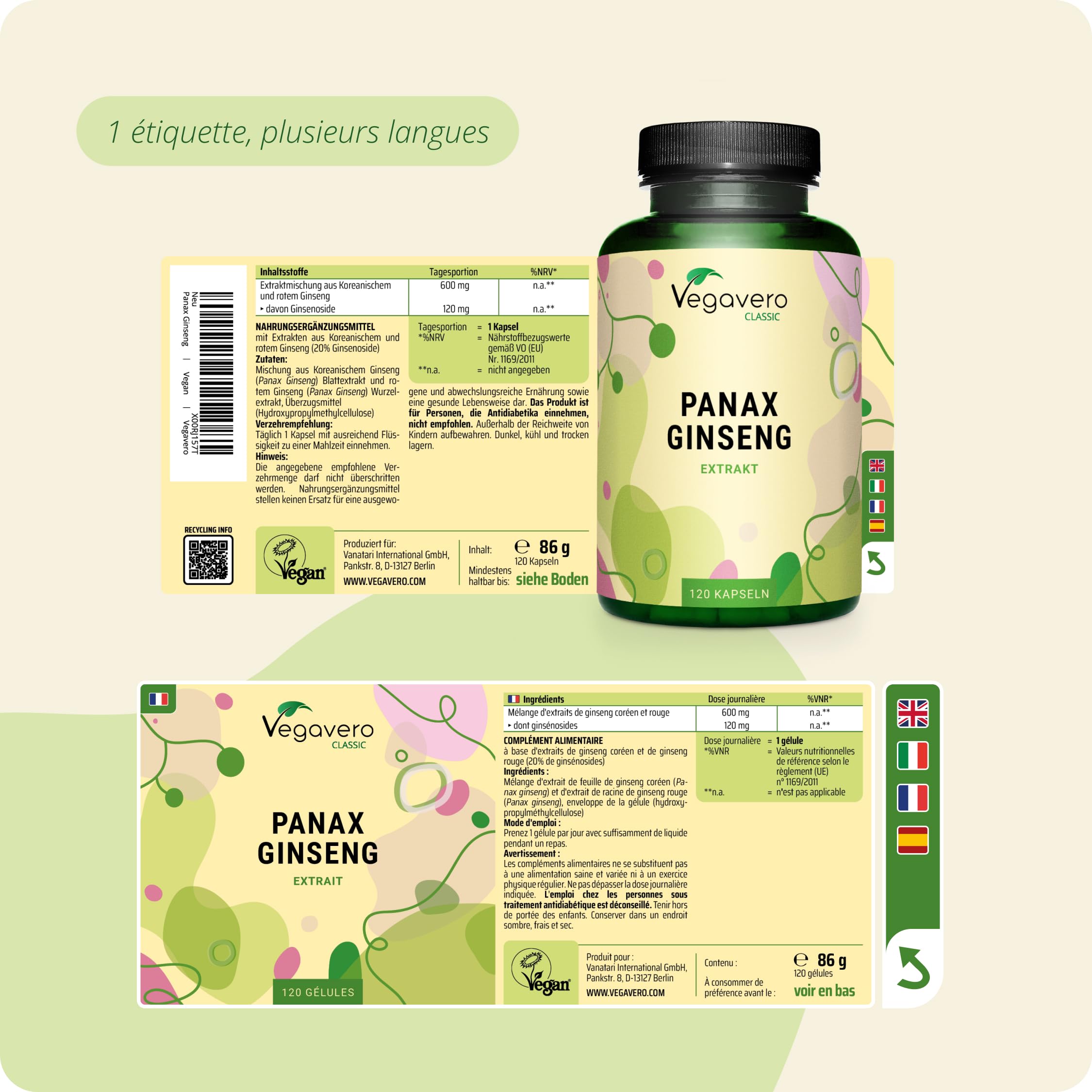 PANAX GINSENG Rouge + Coréen | 120 Gélules | Extra Fort : 4800 mg/j | Anti Stress + Concentration + Énergie Booster | 20% de Ginsenosides | SANS ADDITIFS & VEGAN | Vegavero®