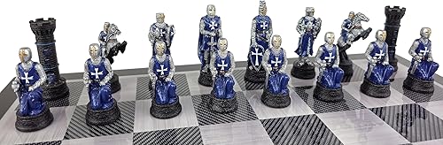 Miniatura 6 de Medieval Times Crusades Knight - Piezas de ajedrez maltés rojo y azul con tablero de color de fibra de carbono negro de 18 pulgadas