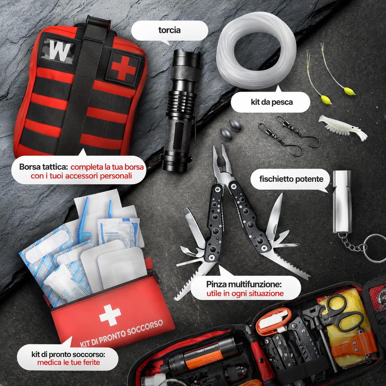 WONCROW ® Kit Sopravvivenza + Pronto Soccorso + Zaino Militare - Filtro Acqua Paglia + Coltello da Sopravvivenza - Campeggio Accessori Bici Auto Bambini Completo Trekking mtb Utensile Multifunzione