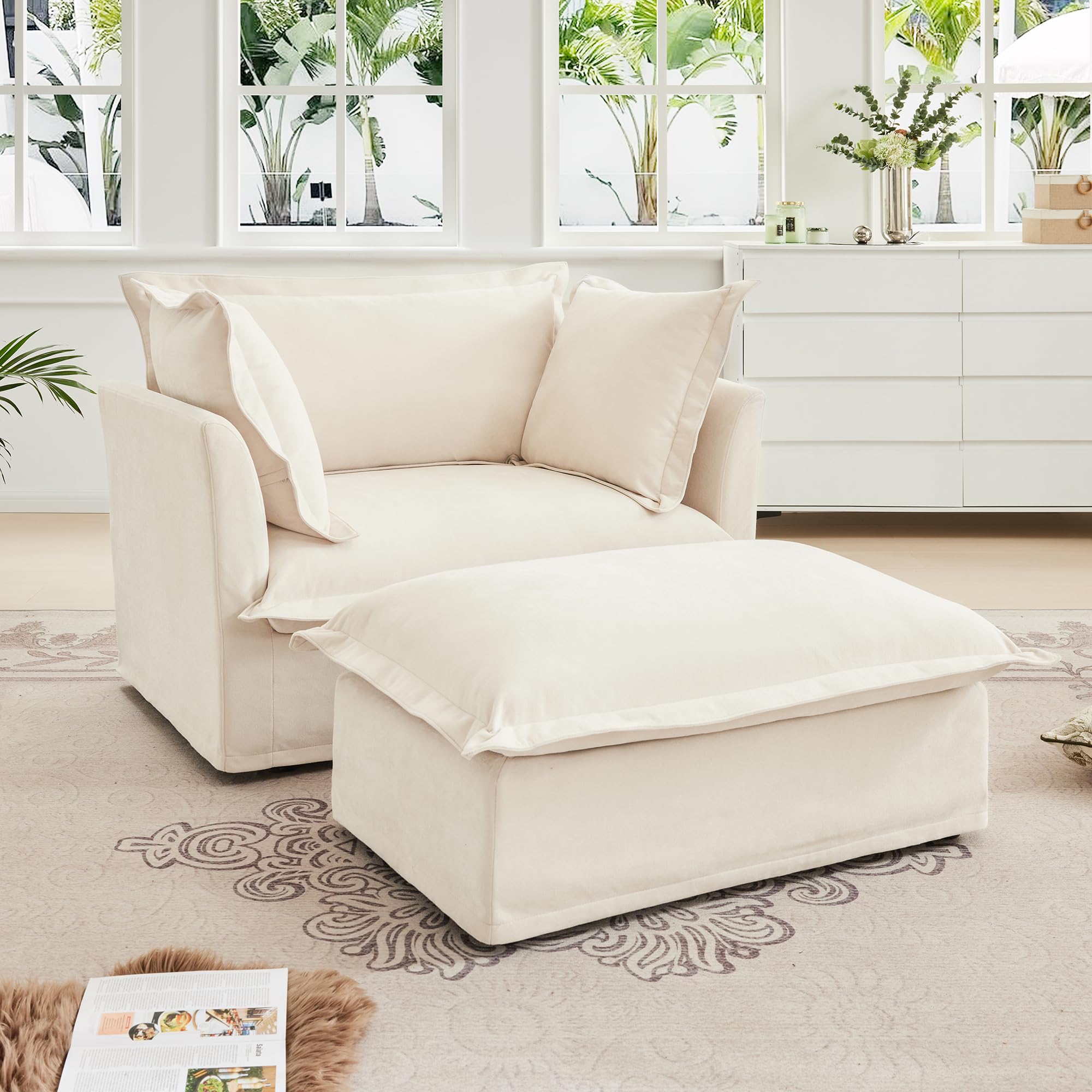 ZEIINPA Chenille Oversized Accent Chair with Ottoman, 49” W Big Comfy Modular Cloud Chair, Cozy Armchair for Living Room, Bedroom, Family Room,