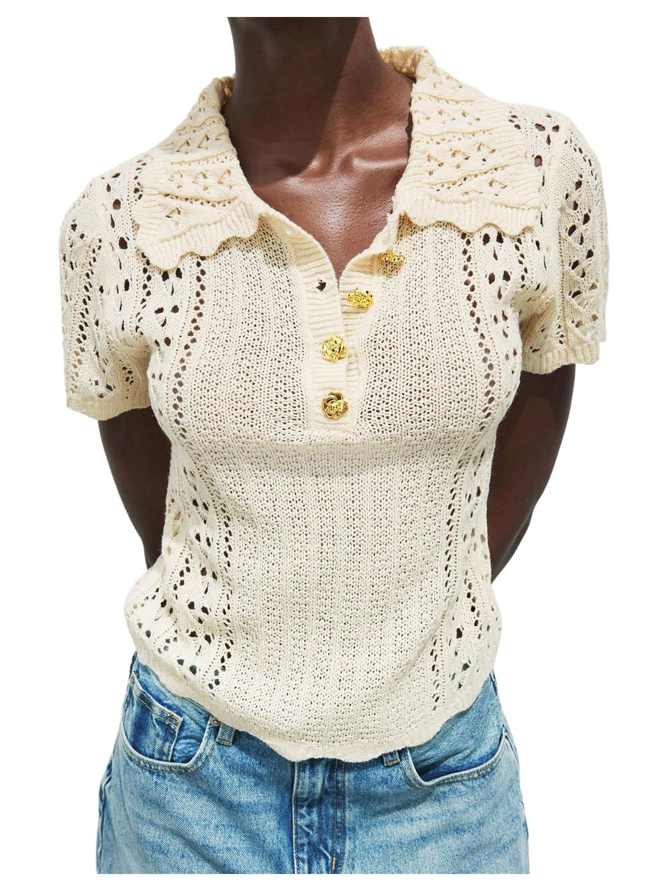 WDIRARA Womens Hollow Out Button Up Crochet Knit Tops Metal Collared Short Sleeve Top