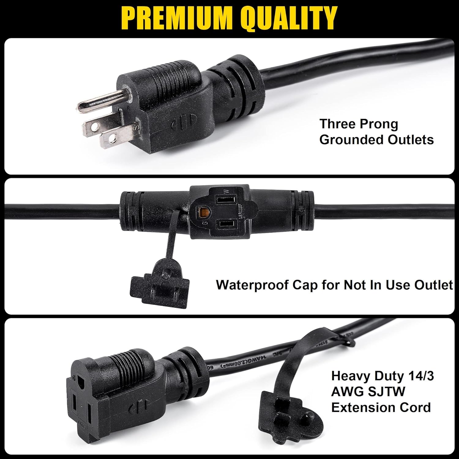 50 FT Extension Cord with Multiple Outlets - 10 Evenly Spaced Outlet Taps with Waterproof Covers Every 5 Feet - Heavy Duty ETL Listed SJTW Cable, Outdoor/Indoor