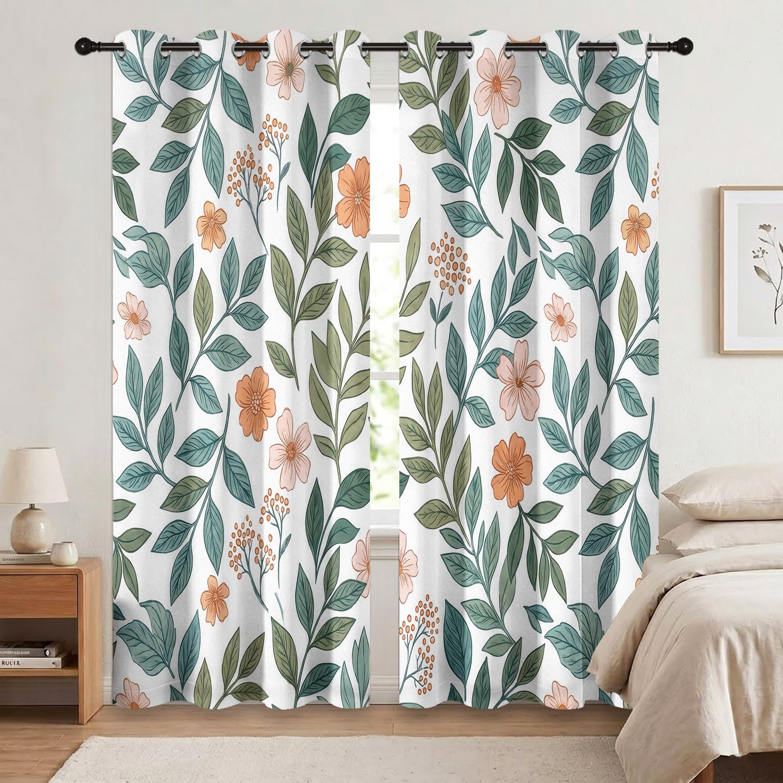 Rideaux Occultant Motif Feuilles Tropicales Aquarelles 140L X 260H cm Lot de 2 Rideau Occultant Thermiques Imprimé Feuille Plante, Rideau Oeillets Opaque Draperie Decoration pour Couloir, Vert