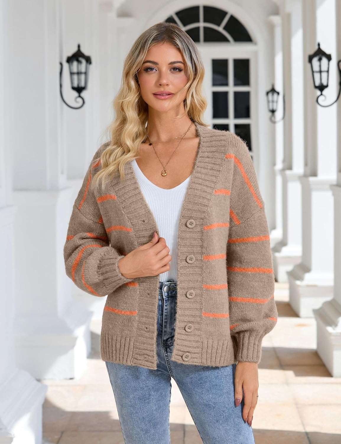 QIBABU Womens Striped Cardigan Sweaters Oversized V Neck Open Front Button Down Knit Outwear - Image 6