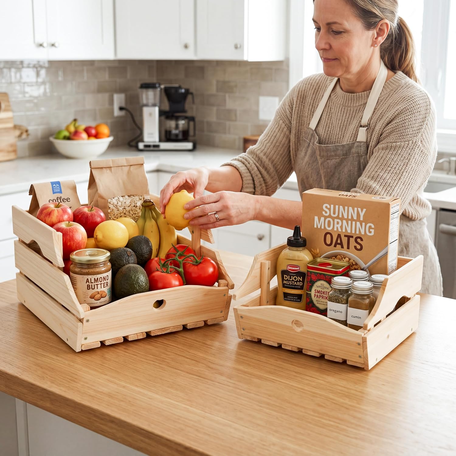 Stackable Wooden Storage Bins, Kitchen Counter Organizer with Handles, Produce Basket for Fruits, Vegetables, Potatoes, Onions, Snacks and Pantry Organization - 2 Piece