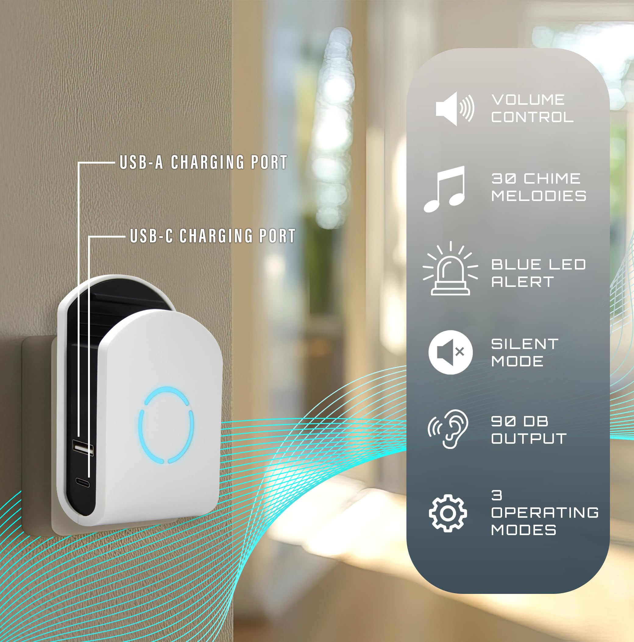Uni-Com Campanello wireless plug-in con caricatore USB-A e USB-C integrato, portata di funzionamento 200 m, 30 diversi suonerie, allarme campanello a LED, facile da installare