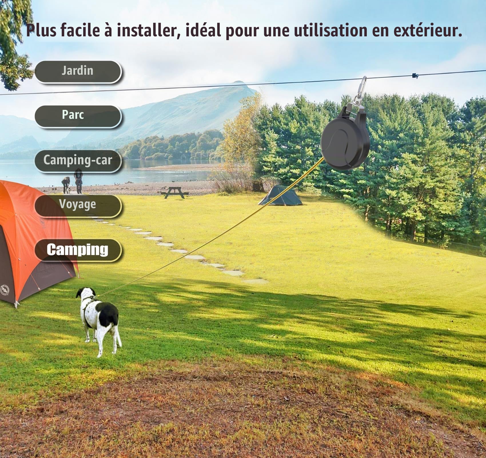 Câble d'attache rétractable 2 en 1 pour chien, 9,1 m, pour tyrolienne pour chien, câble d'antenne pour chien ou piquet pour chien, ancre pour chien, bobine d'attache rétractable sans enchevêtrement