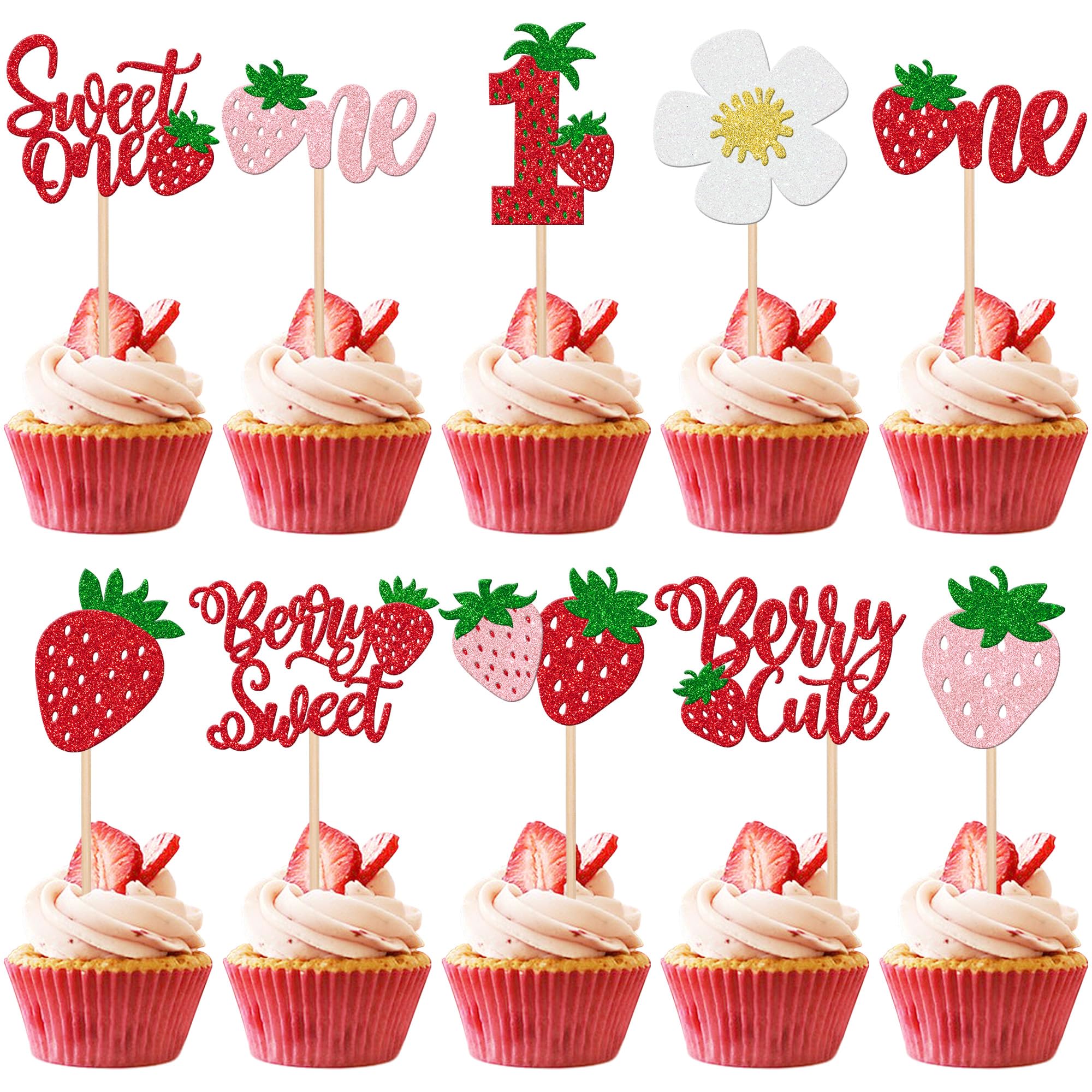 30 PCS Sweet One Strawberry Cupcake Toppers Glitter Sweet Berry 1st Birthday Cupcake Picks Strawberry Birthday Decorations for Baby Shower Kids First Birthday Party Cake Decorations Supplies