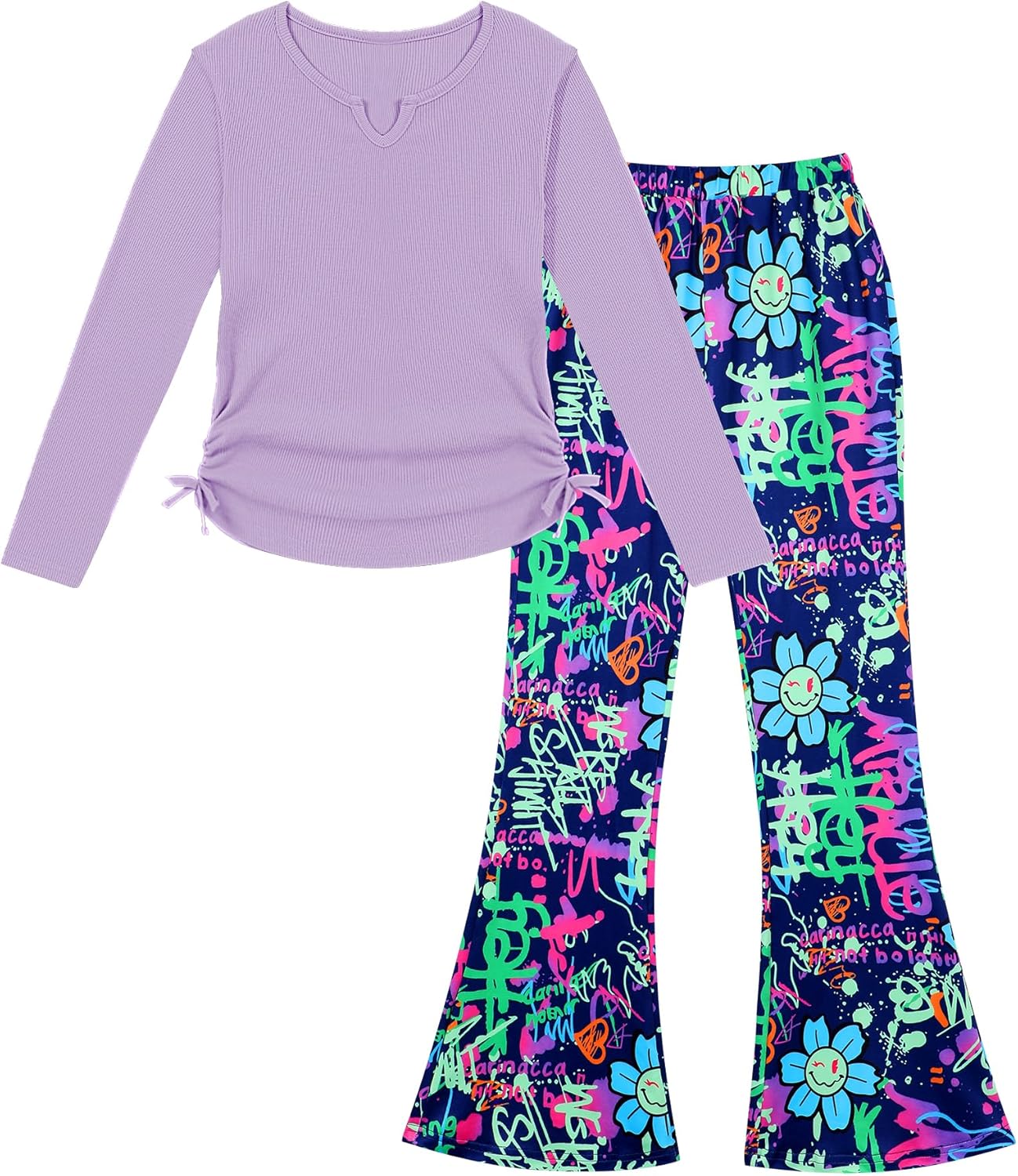 Crazyme Girls Clothes Long Sleeve Pure T-Shirt and Bell Bottom Pants 2 Pieces Fall Winter Clothes for Teen Girls 6-14