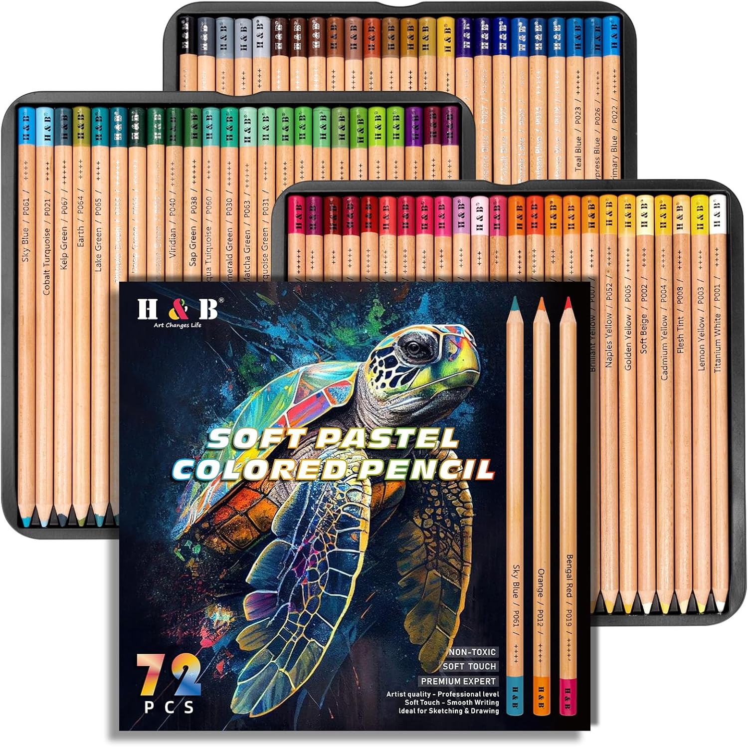 H & B 72 Pasteltint Pastel Colored Pencils Set – Soft, Vibrant, Artist-Grade Colors in Tin | Professional Drawing, Sketching & Coloring for Adults & Artists (72 Colors)