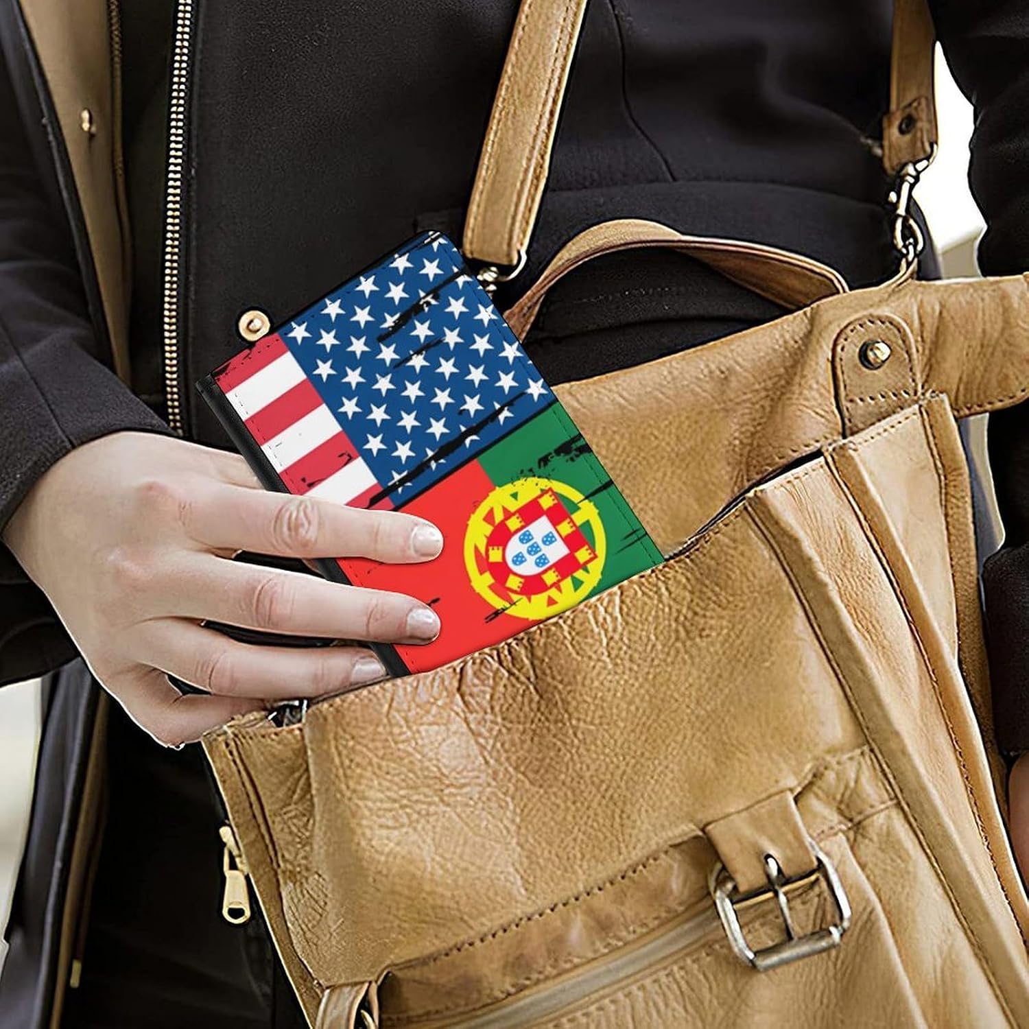 U.S. And Portugal Flag Funny Passport Holder Slim Travel Wallet Passports Cover Card Case with Slot