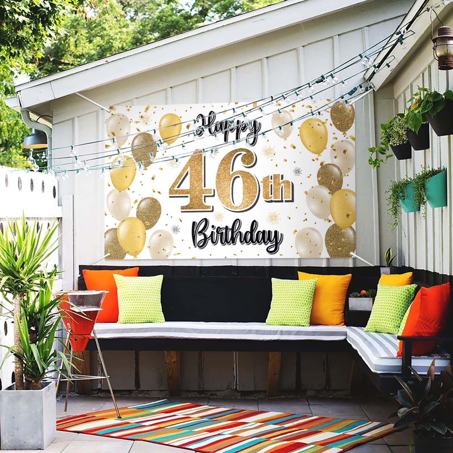 LASKYER Kit de décoration pour 46e anniversaire - Bannière joyeux anniversaire 46e anniversaire avec paillettes noires et dorées, cercles de joie aux décorations de fête d'anniversaire de 46 ans