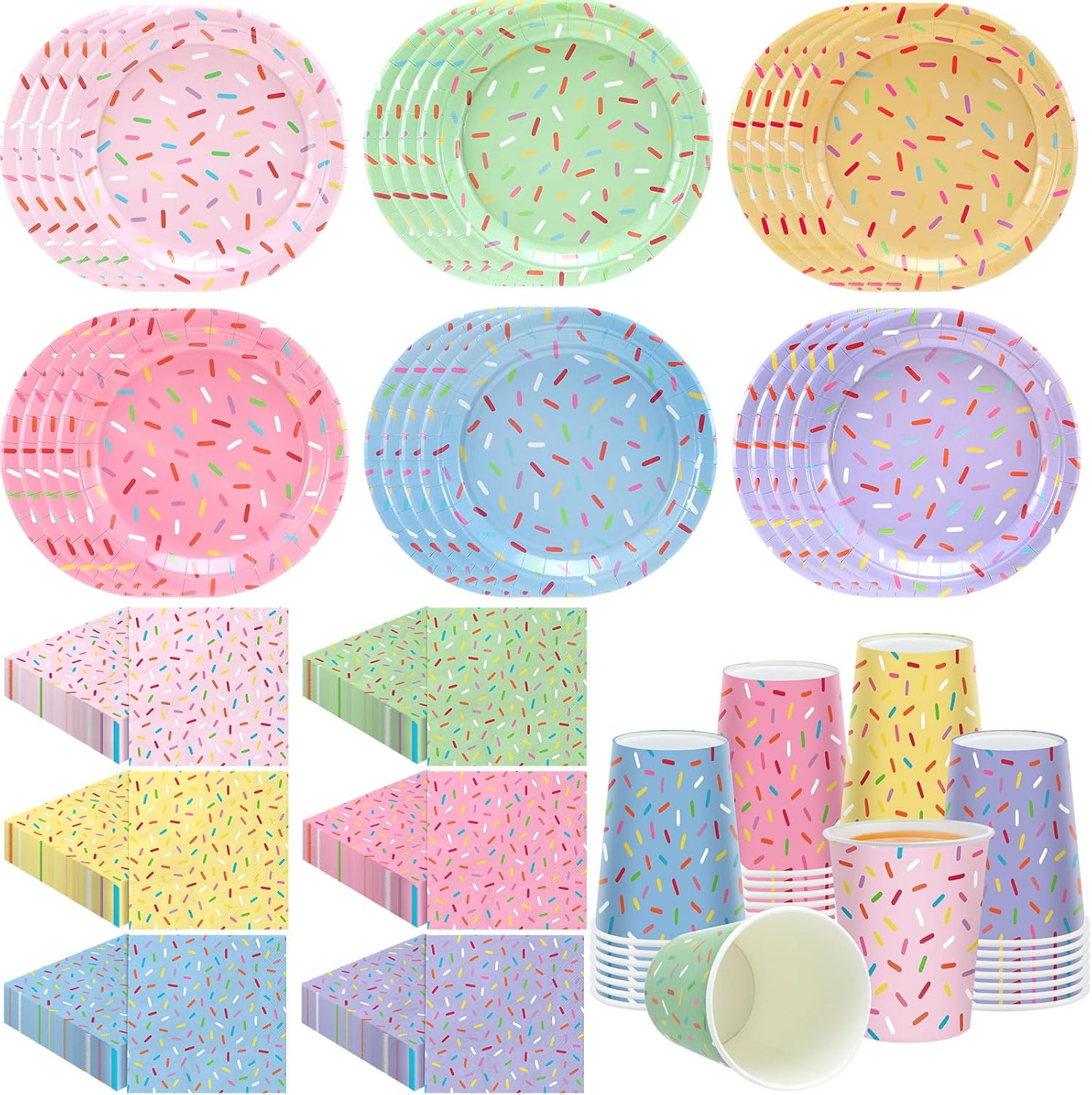 Havawish 108 Pcs Donut Sprinkle Party Supplies Set Include Sprinkles Paper Plates Ice Cream Disposable Napkins Sprinkle Paper Cups Disposable Tableware for Birthday Wedding Baby Shower Decorations