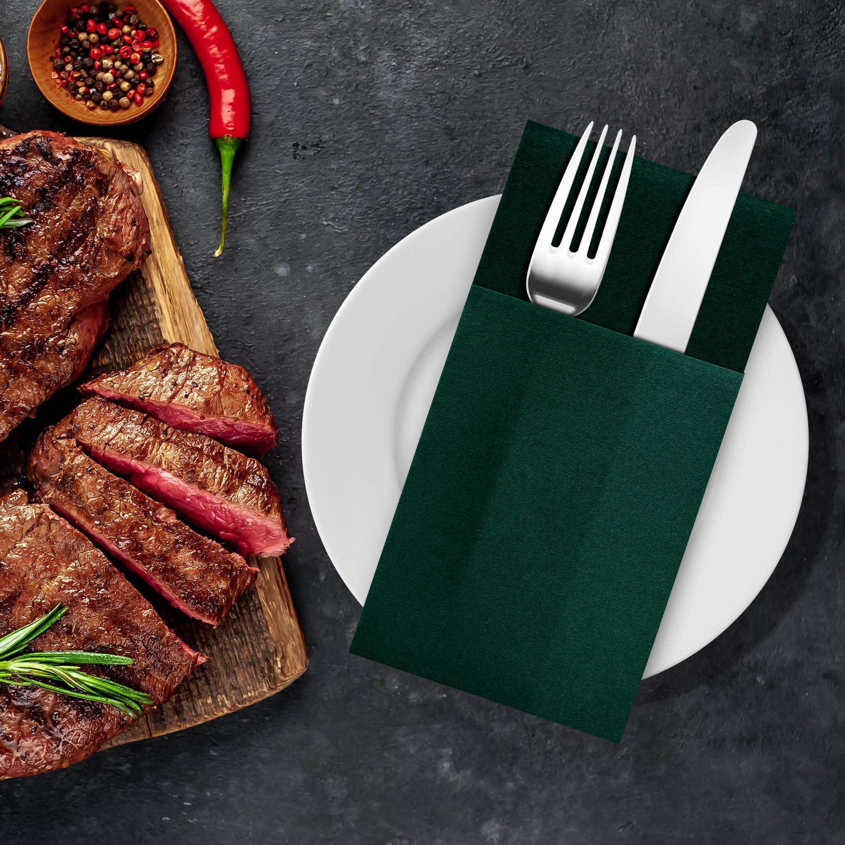 Tovaglioli verde scuro usa e getta, tovaglioli da cena in lino con tasca prepiegata integrata per posate, asciugamani di carta per ospiti, per matrimoni, cene o feste (40,6 x 40,6 cm, 50
