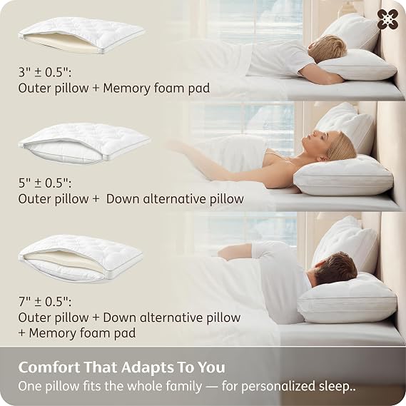 Bedsure PureWoven Adjustable Pillow Queen for Back Stomach Side Sleepers