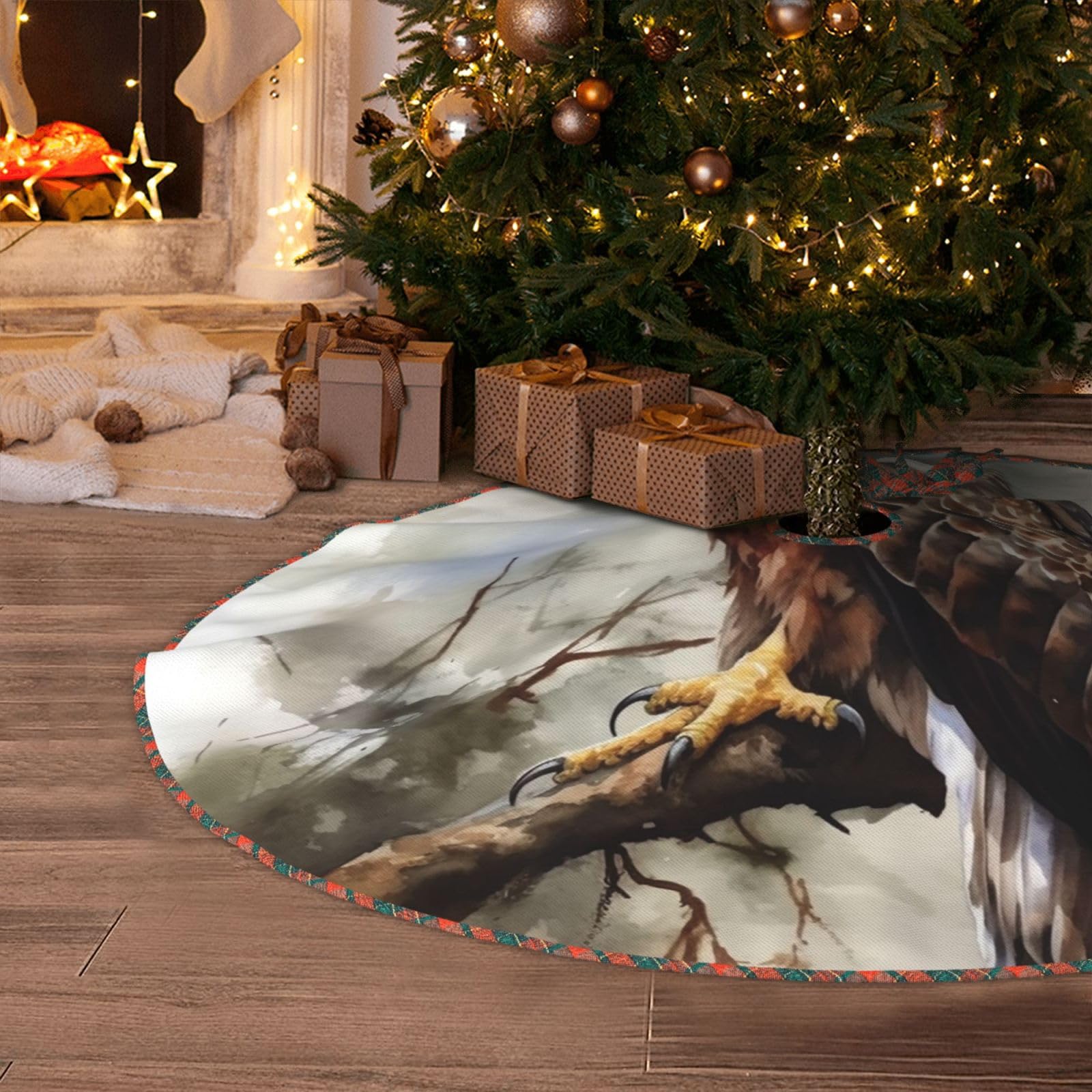 Watercolor of Hawk Sitting in The Tree Christmas Tree Skirt 48" Artificial Tree Mat Cover Merry Christmas Burlap Xmas Tree Skirt for Christmas Decoration Holiday Indoor Outdoor Winter Party Decor
