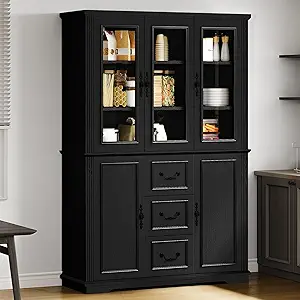 DWVO Large Storage Cabinet, 72" Tall Kitchen Pantry with Glass Doors, Freestanding Glass Display Cabinets with Adjustable Shelves & Drawers, Food China Hutch for Dining Room, Living Room, Black