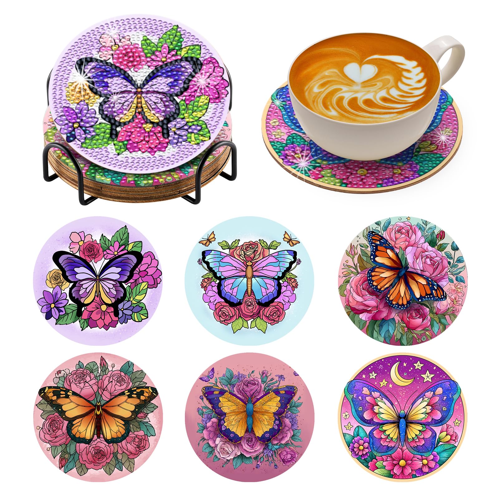 BNG Butterfly Diamond Paintings Coasters Kits Set with Holder, 6Pcs Art DIY Crafts Coasters for Adults, Art Painting Kits for Women, Beginners, Diamond Craft Supplies
