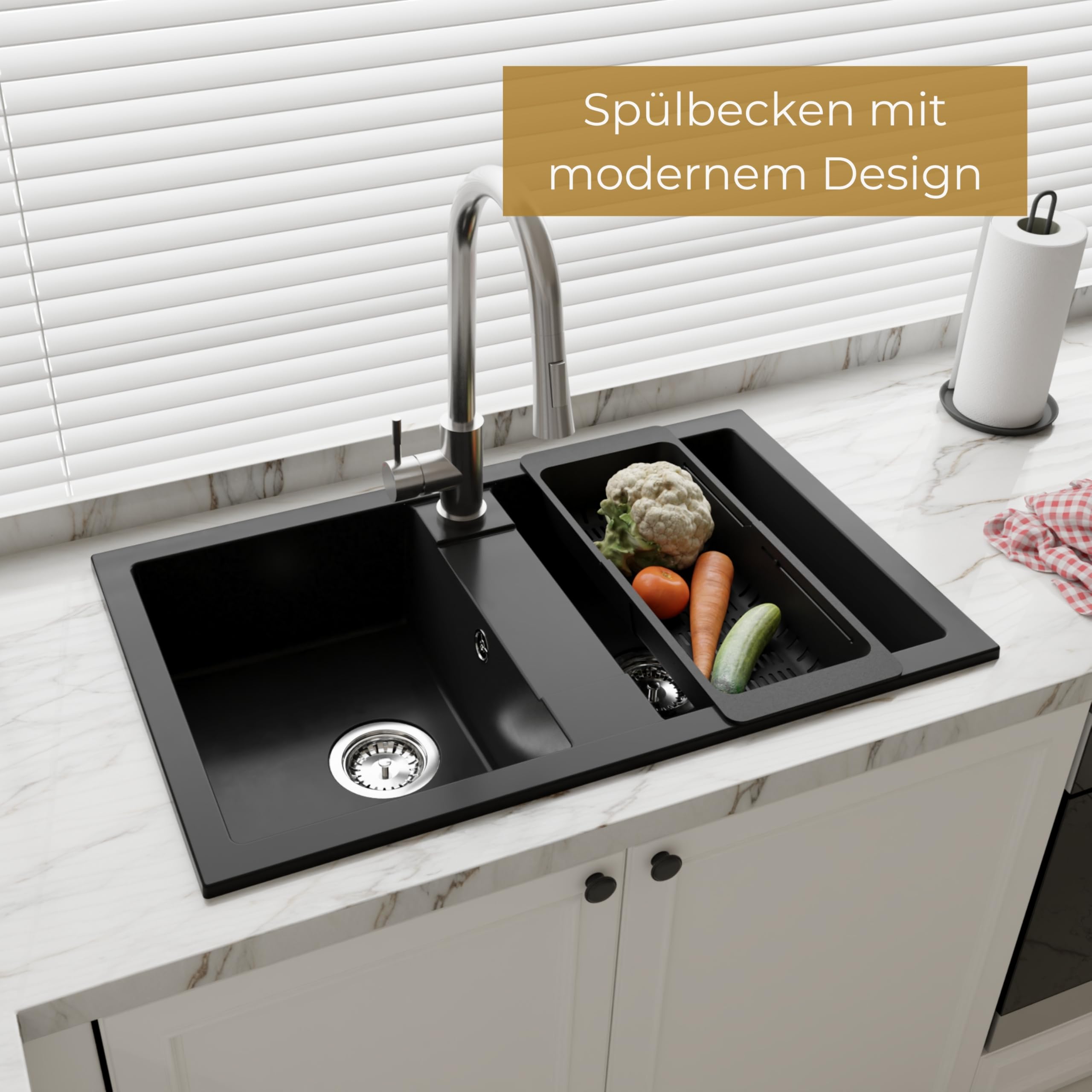 SINK QUALITY Doppel Spülbecken schwarz 78x48 cm, Doppelspüle mit Siphon und Imprägniermittel, Granitspüle 2 Becken - Küchenspüle ab 80er Unterschrank