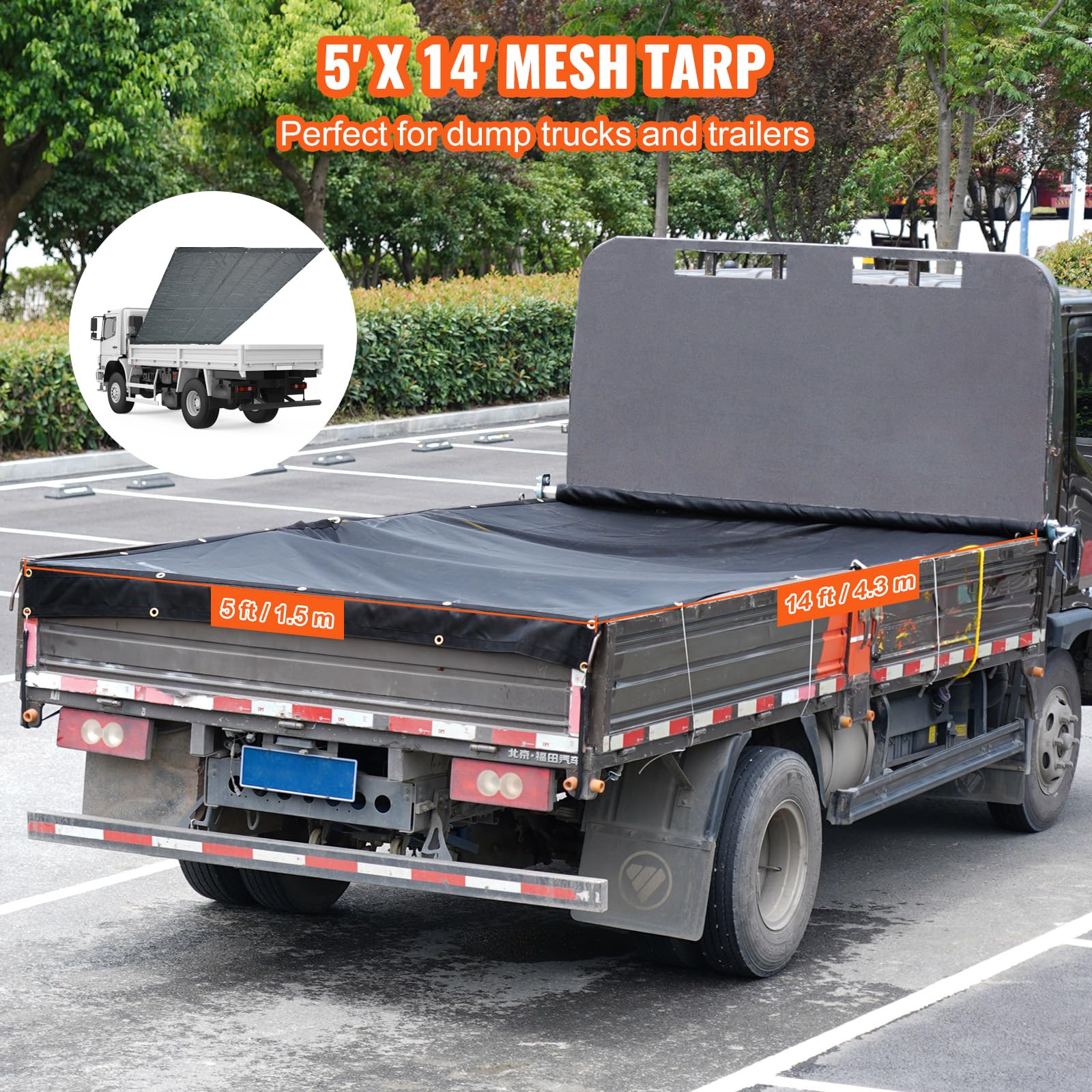 VEVOR Lona de Malla para Camión Volquete 1,5x4,3 m Revestimiento de PVC Negro con Doble Bolsillo Ojales de Latón, Correa Reforzada con Doble Costura para Sistema de Camión Volquete Manual o Eléctrico